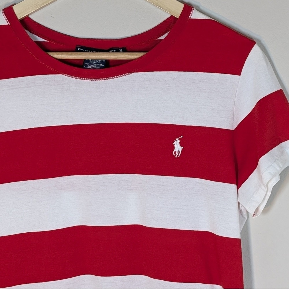 Ralph Lauren Sport Womens XL Red White Striped Cotton Short Sleeve Pony Logo Tee